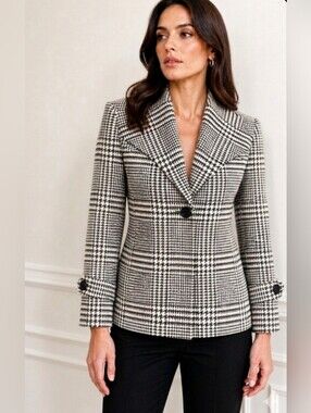 Anne Klein Women's Houndstooth 100% Wool Blazer Jacket / Sz M / Black, White